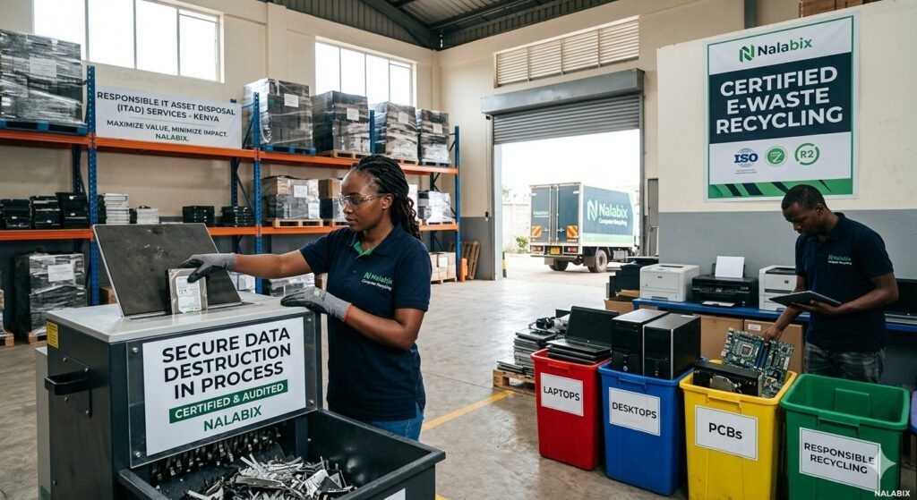 Computer Recycling Kenya services by Nalabix provide secure data destruction, certified e-waste recycling, and responsible IT asset disposal.