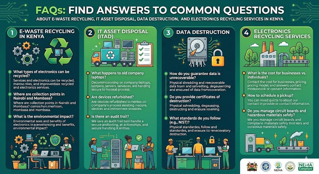 Find answers to common questions about e-waste recycling, IT asset disposal, data destruction, and electronics recycling services in Kenya.